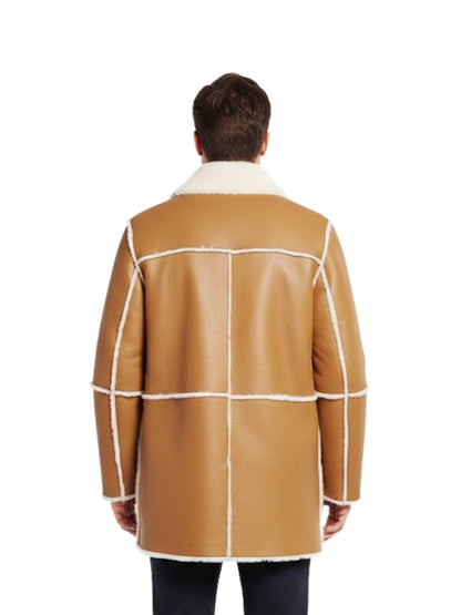 Men's Camel Fur Style Collar Real Shearling Slim Fit Mid Length Leather Coat
