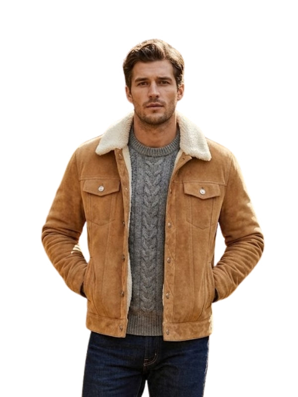 Man wearing a brown suede jacket with white fur lining on a white background