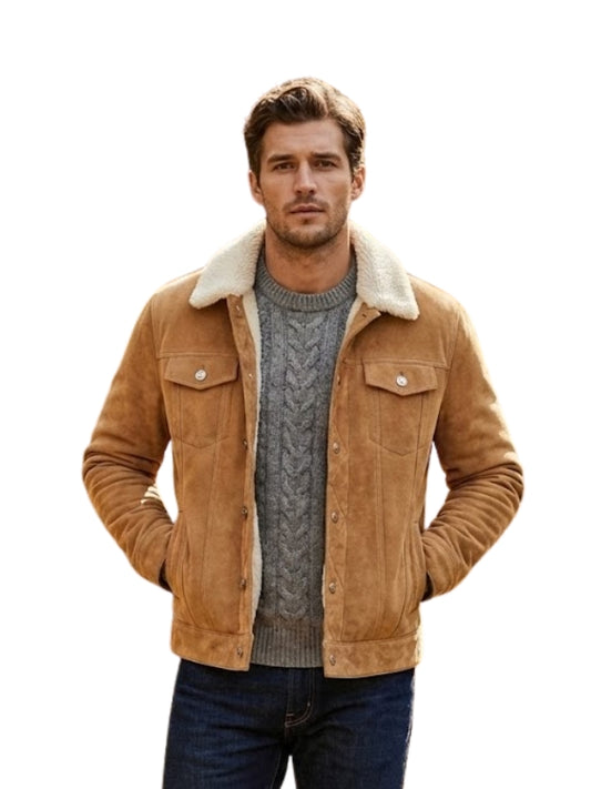 Man wearing a brown suede jacket with white fur lining on a white background