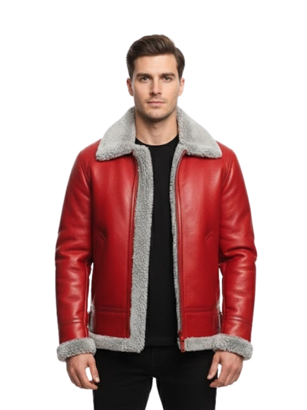 Man wearing a red leather jacket with gray fur lining on a white background
