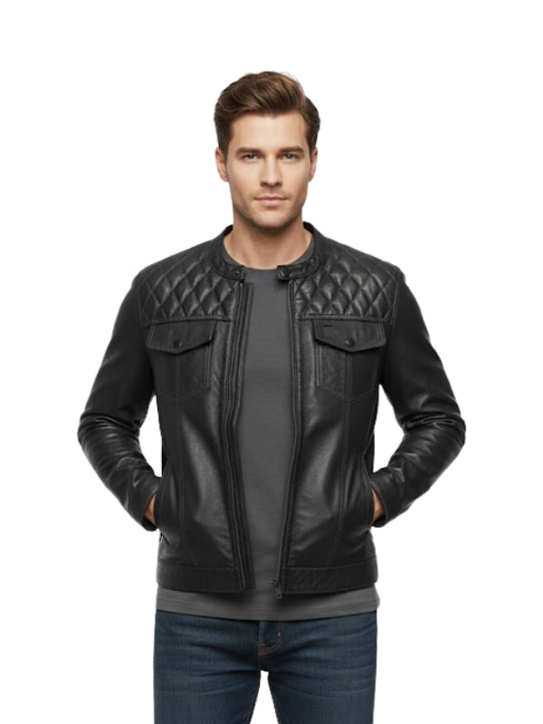 Man wearing a black quilted leather jacket on a white background
