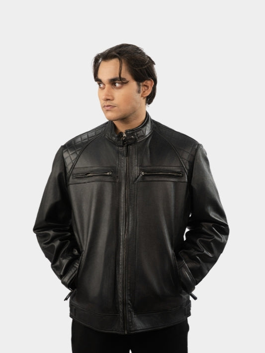 Man wearing a black leather jacket on a white background