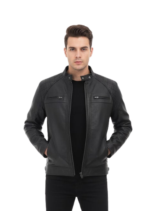 Man wearing a black leather jacket on a white background
