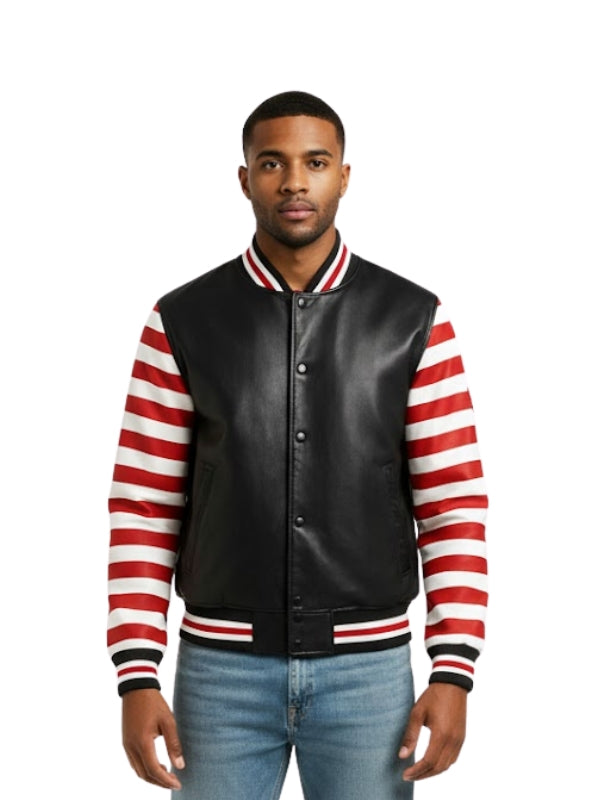 Man wearing a black leather varsity jacket with red and white striped sleeves on a white background