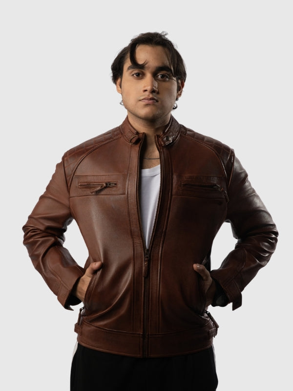 Man wearing a brown leather jacket on a white background