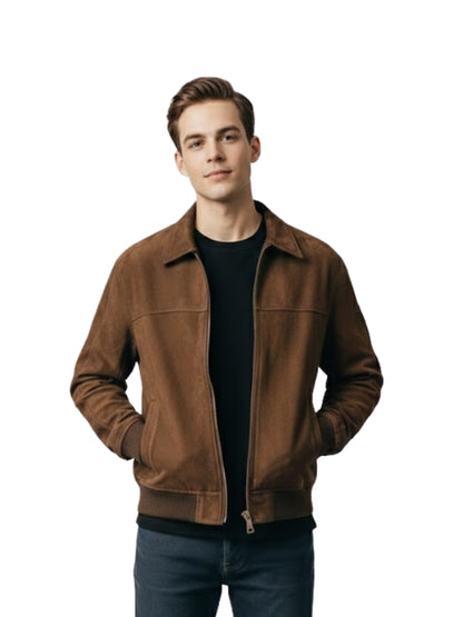 Man wearing a brown jacket on a white background