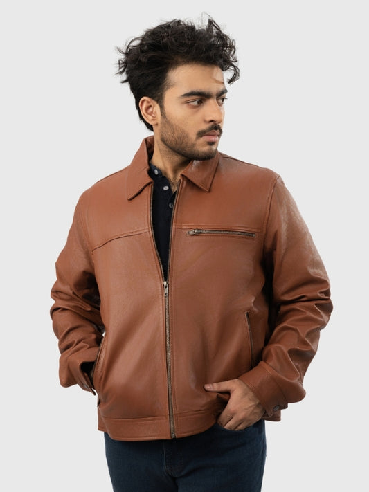 Man wearing a brown leather jacket on a white background