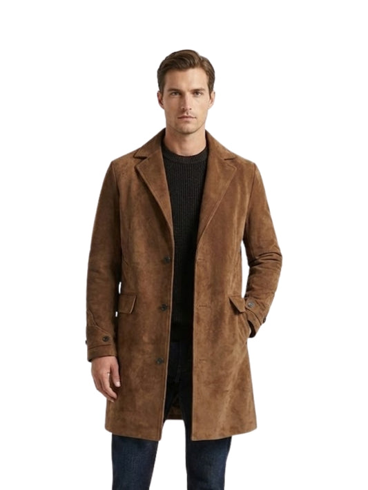 Man wearing a brown coat on a white background