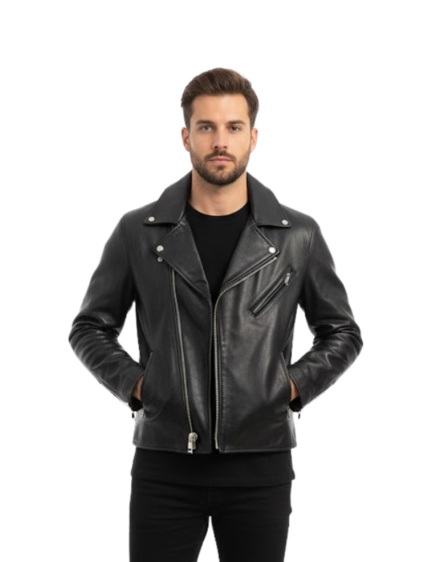 Man wearing a black leather jacket on a white background
