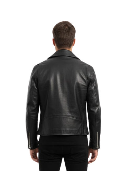 Man wearing a black leather jacket on a white background
