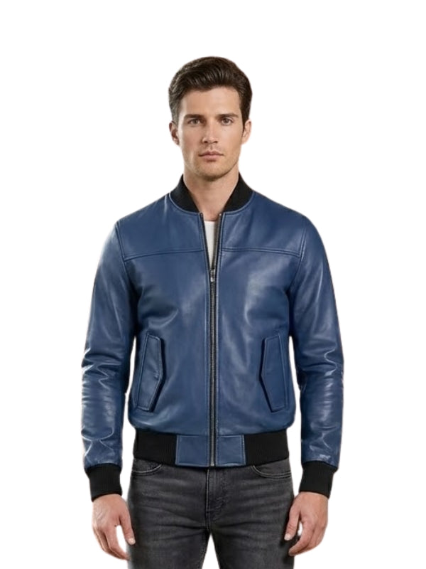 Man wearing a blue leather jacket on a white background