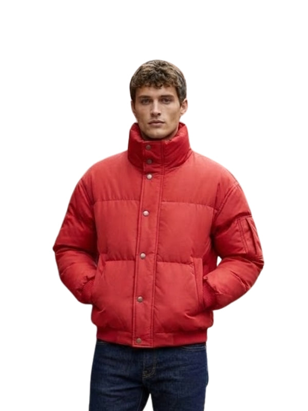 Man wearing a red puffer jacket on a white background