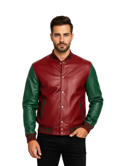 Man wearing a red and green leather jacket on a white background