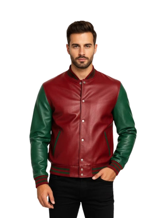 Man wearing a red and green leather jacket on a white background