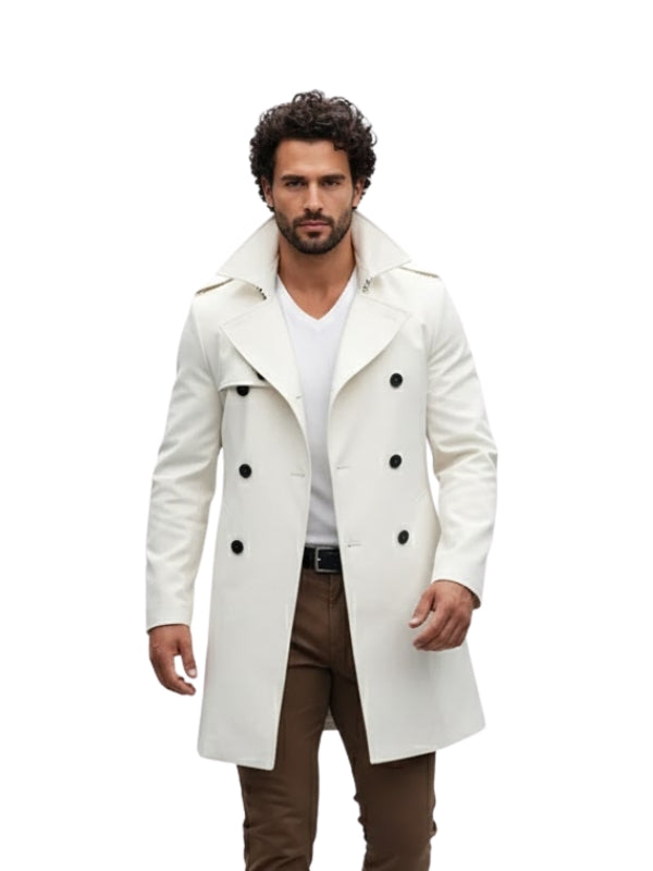 Man wearing a white coat with black buttons on a white background