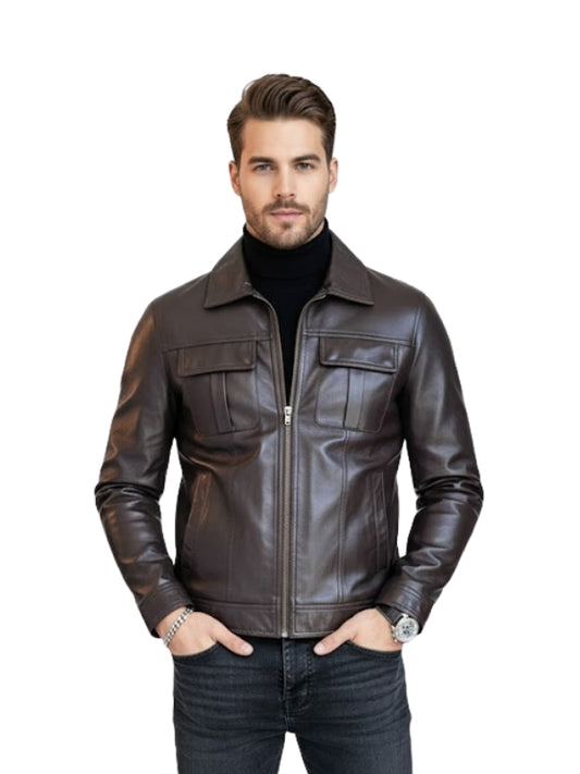 Man wearing a brown leather jacket on a white background