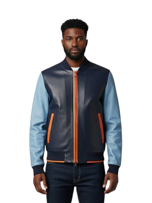 Man wearing a two-tone leather jacket with blue and black colors on a white background