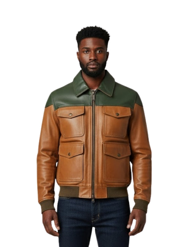 Man wearing a brown and green leather jacket on a white background