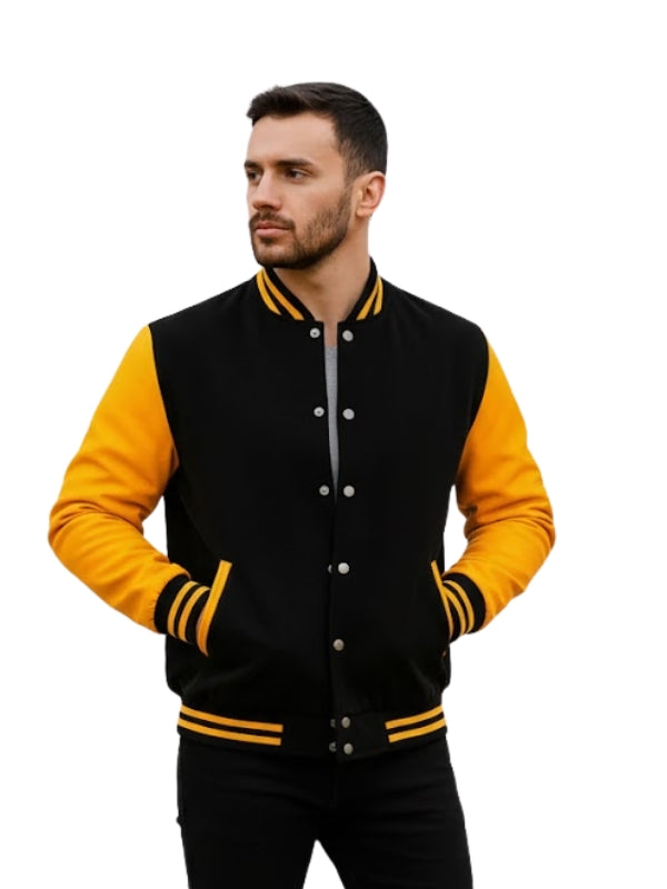 Men's Black And Beige Letterman Varsity Bomber Jacket With Wool Blend Body And Leather Sleeves