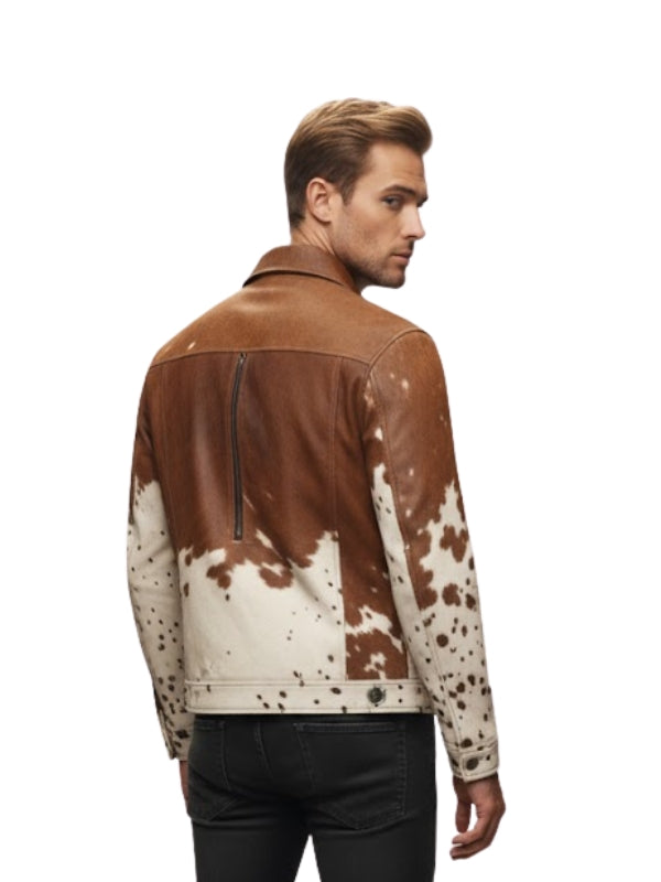 Man wearing a brown and white speckled leather jacket on a white background