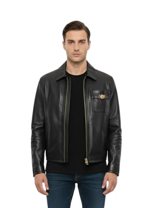 Men’s black cowhide leather jacket made with genuine leather, featuring a classic design for everyday and casual wear
