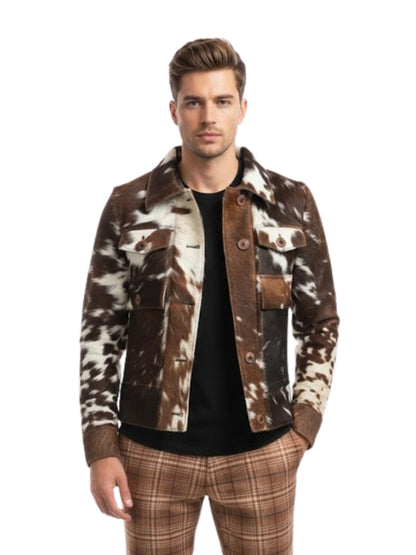 Man wearing a patterned jacket with a white background