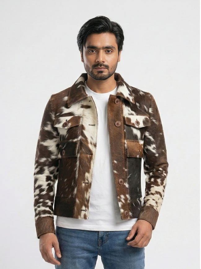 Man wearing a brown and white patterned jacket on a light gray background