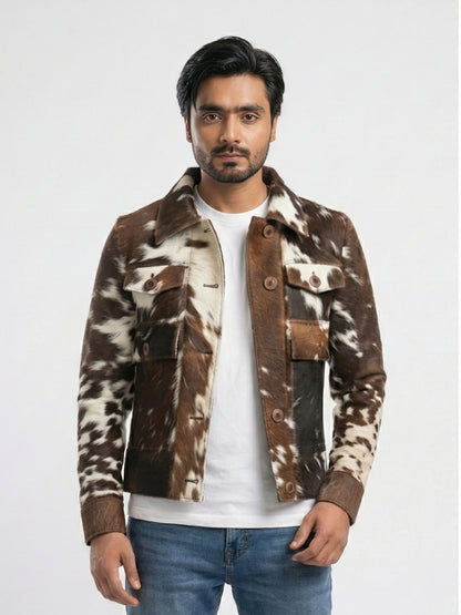 Man wearing a brown and white patterned jacket on a light gray background