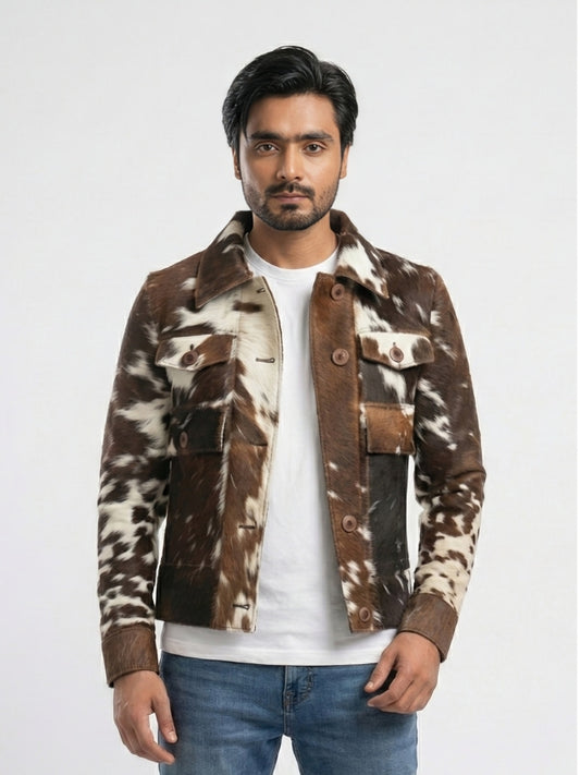 Man wearing a brown and white patterned jacket on a light gray background