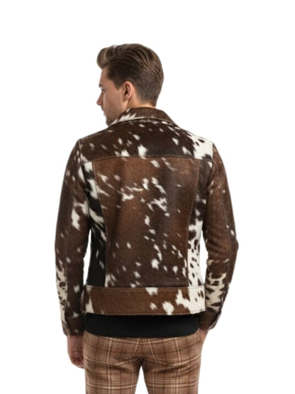 Man wearing a brown and white patterned jacket on a white background