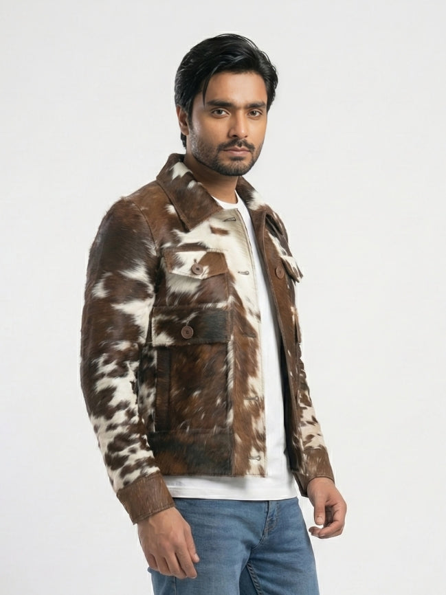 Man wearing a brown and white patterned jacket on a white background