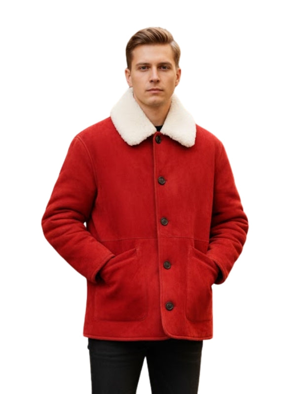 Man wearing a red coat with a white collar on a white background