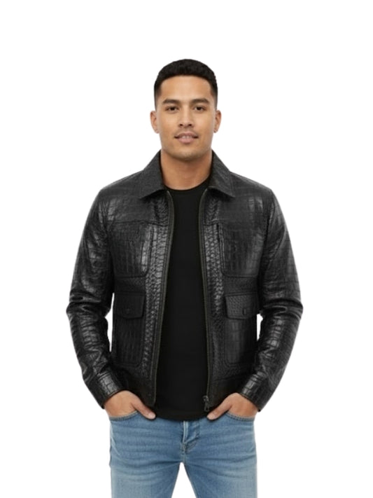Man wearing a black leather jacket on a white background