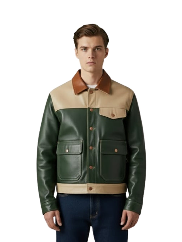 Man wearing a green and beige leather jacket on a white background