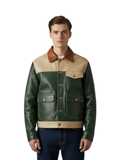 Man wearing a green and beige leather jacket on a white background