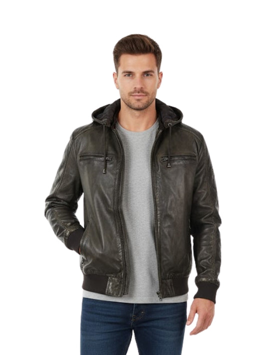 Man wearing a dark leather jacket on a white background