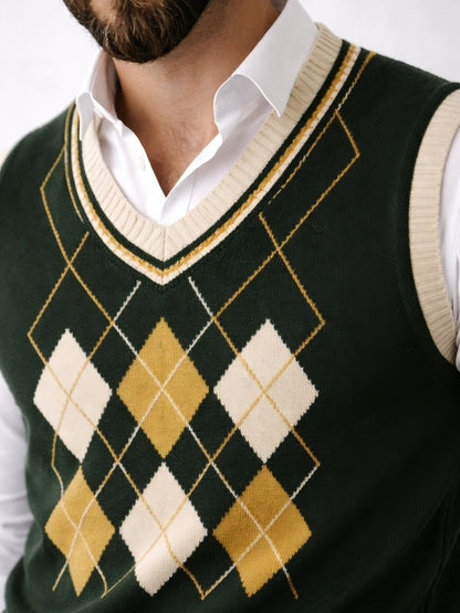Green argyle patterned sweater vest over a white shirt