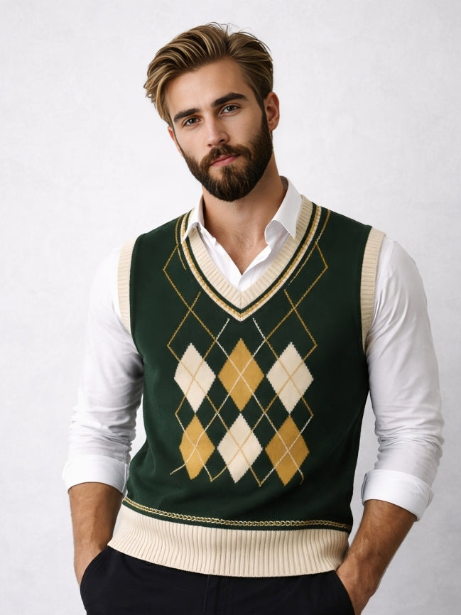 Man wearing a green argyle sweater vest over a white shirt on a plain background