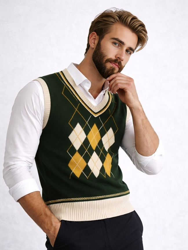 Man wearing a green argyle sweater vest over a white shirt on a white background