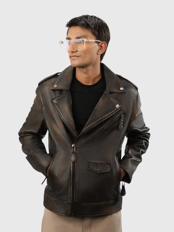 Man wearing a brown leather jacket on a white background