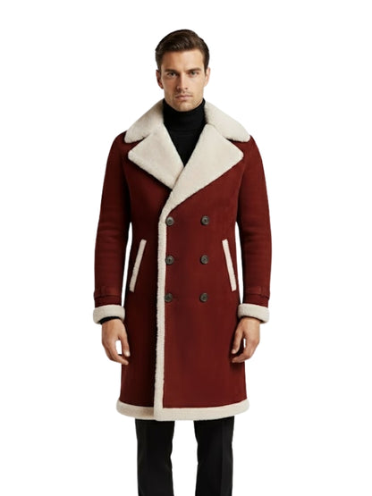 Man wearing a red coat with white fur trim on a white background