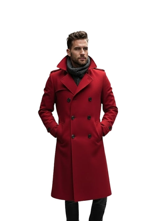 Man wearing a red coat on a white background