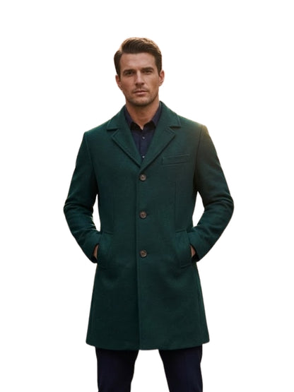 Man wearing a green coat on a white background