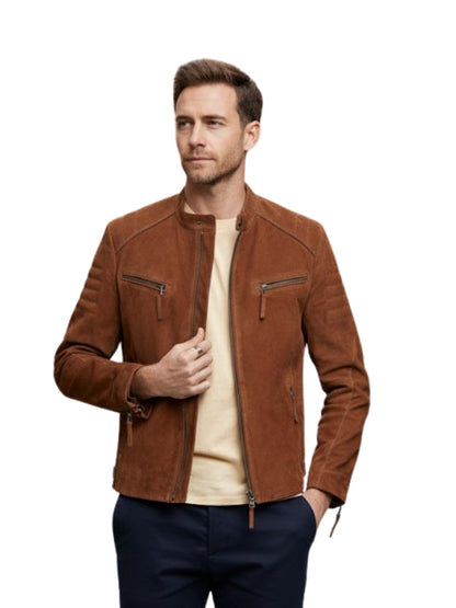 Man wearing a brown suede jacket on a white background
