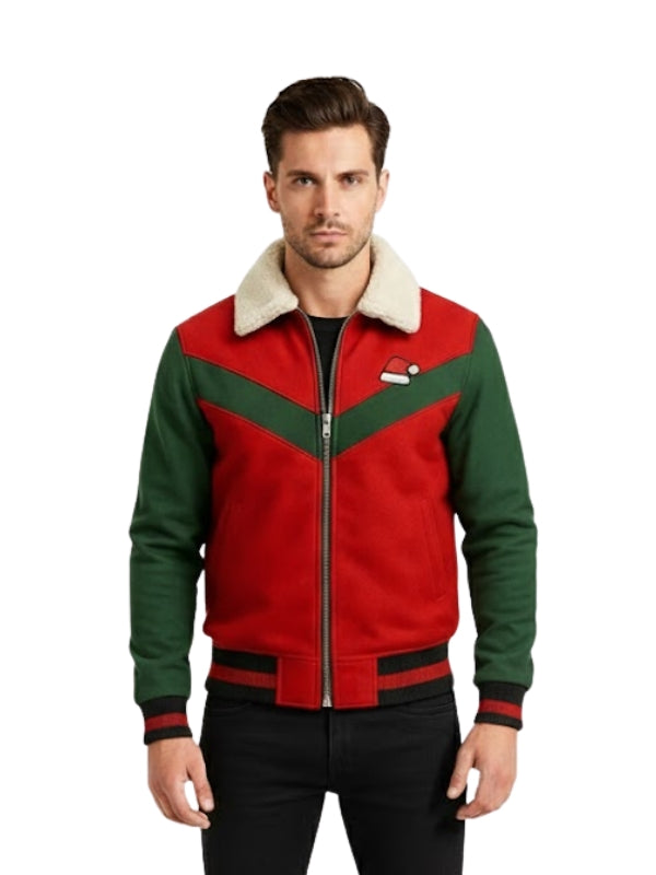 Man wearing a red and green jacket with a white collar on a white background