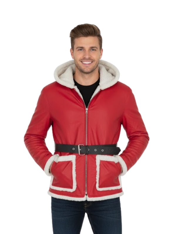 Man wearing a red jacket with white trim on a white background