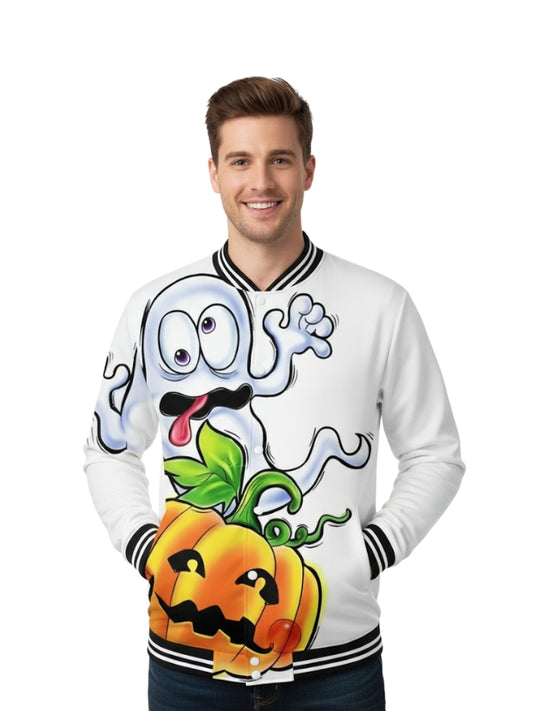 Person wearing a white sweatshirt with cartoon character design on a white background