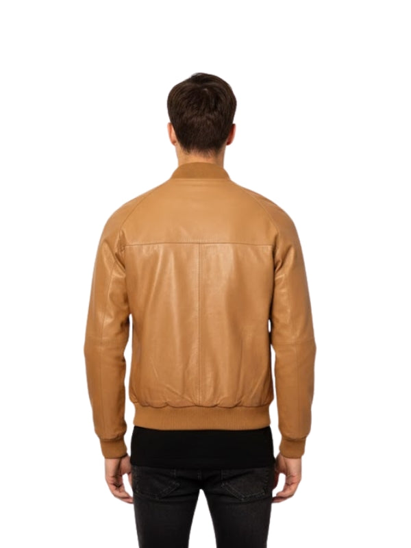 Men's Genuine Sheepskin Slim Fit Brown Motorcycle Bomber Jacket