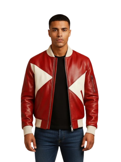 Man wearing a red leather jacket with white accents on a white background