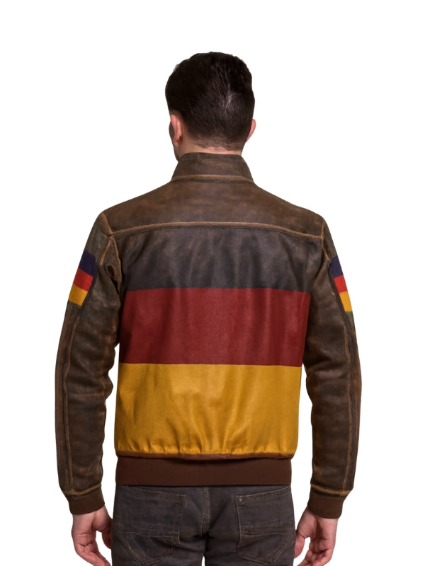 Men's German Flag Genuine Leather Bomber Jacket - Distressed Brown